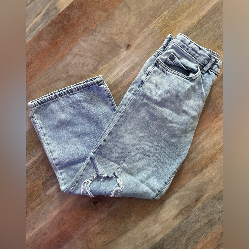Sugar & Jade Girls Distressed Wide Leg Light Blue Denim Jeans